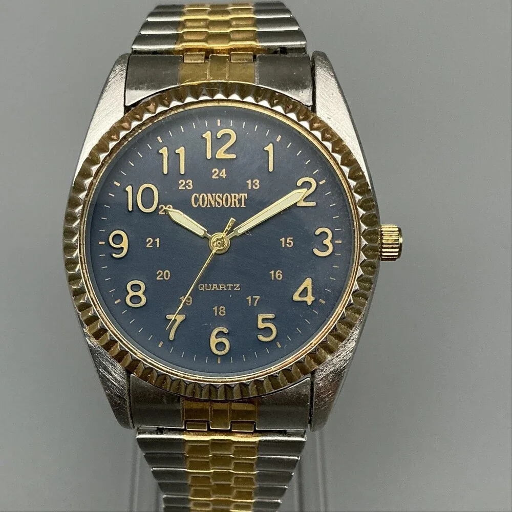 Consort Mens Watch 35mm Black Dial Two Tone Fluted Bezel Stretch New Battery